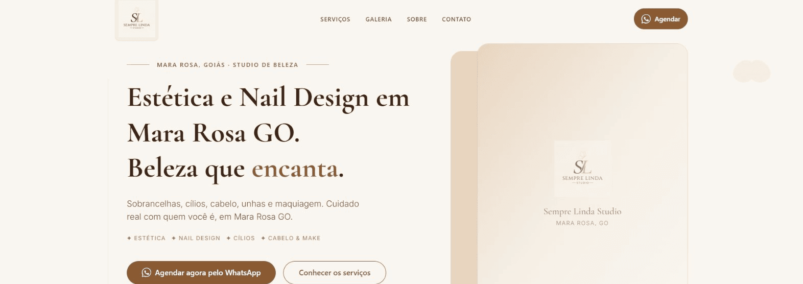 Hero do site do Sempre Linda Studio: título “Estética e Nail Design em Mara Rosa GO” e botão de agendamento pelo WhatsApp